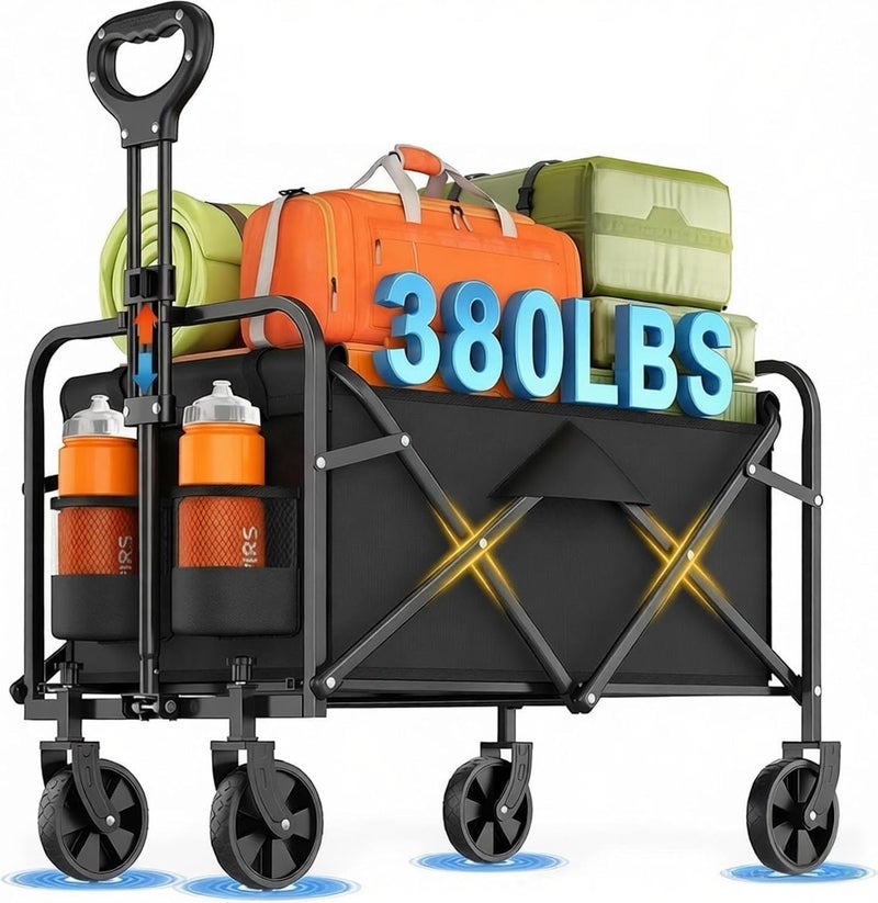 Eworld Collapsible Wagon Cart Foldable Beach Wagon with All-Terrain Wheels – 380 LBS Heavy Duty Grocery & Utility Cart for Shopping, Beach, Camping, Sports & Garden (Black) - Image 1